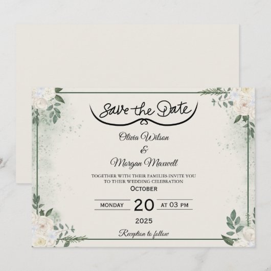 Grüne Elegant Save the Date Einladung (Vorne/Hinten)