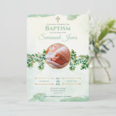 Grüne Elegante Blumen Custom Foto Taufe Einladung (Stehend Vorderseite)