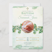 Grüne Elegante Blumen Custom Foto Taufe Einladung (Vorderseite)