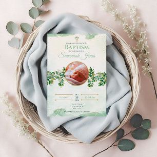 Grüne Elegante Blumen Custom Foto Taufe Einladung