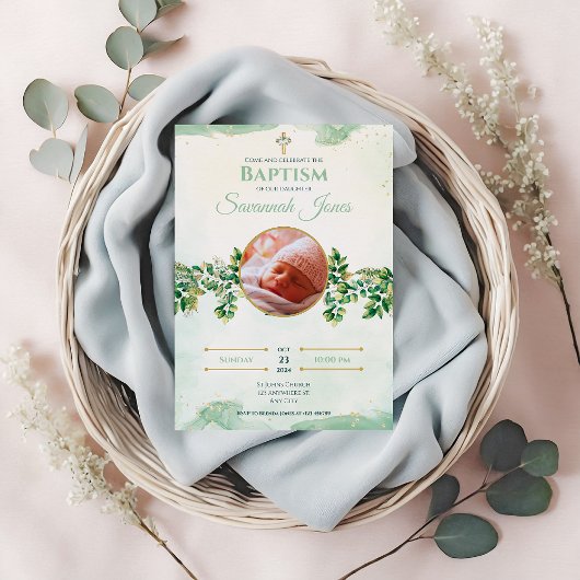 Grüne Elegante Blumen Custom Foto Taufe Einladung