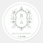 Grüne, elegante Blumen-Wappen-Monogramm-Grenzhochz Runder Aufkleber (Vorderseite)