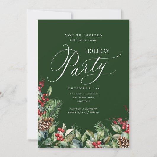 Grüne elegante botanische Script-Feier Einladung (Vorderseite)