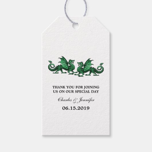 Grüne, elegante Drachen Hochzeitsmarken Geschenkanhänger (Vorderseite)