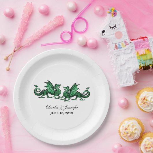 Grüne, elegante Drachen Hochzeitspapier-Teller Pappteller (Party)