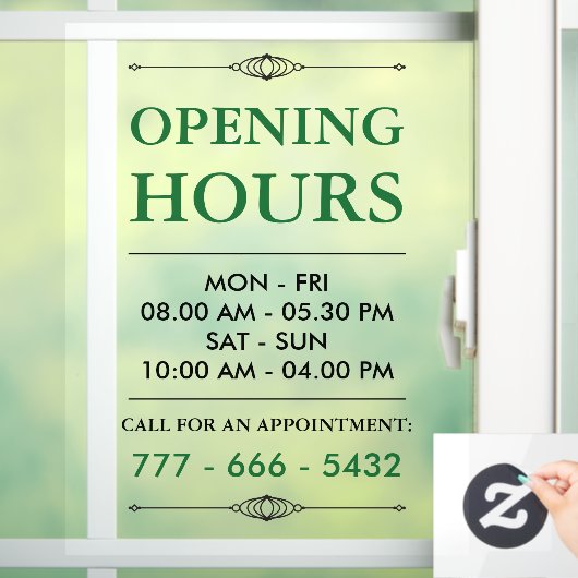 Grüne elegante Geschäftszeiten Fensteraufkleber (Zuhause)