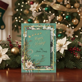 Grüne, elegante Gold- und Blumenweihnachtskarte Feiertagskarte