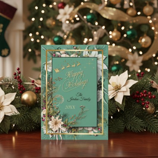 Grüne, elegante Gold- und Blumenweihnachtskarte Feiertagskarte