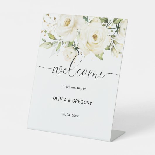 Grüne Elegante Rosenhochzeit Begrüßung Sockelschild (Vorderseite)