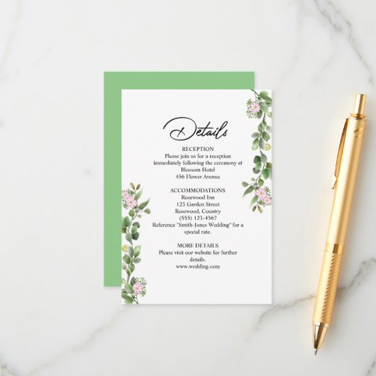 Grüne Elegante und schöne Blumenhochzeit Begleitkarte (Vorderseite/Rückseite Beispiel)