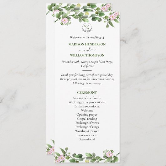 Grüne Elegante und schöne Blumenhochzeit Programm (Vorne/Hinten)