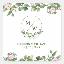 Grüne Elegante und schöne Blumenhochzeit Quadratischer Aufkleber