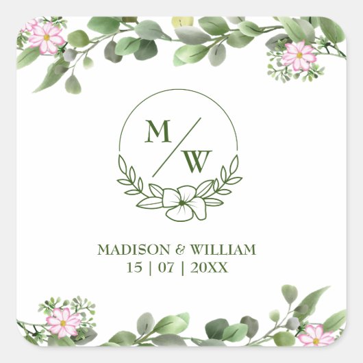 Grüne Elegante und schöne Blumenhochzeit Quadratischer Aufkleber (Vorderseite)