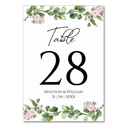 Grüne Elegante und schöne Blumenhochzeit Tischnummer (Vorderseite)