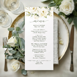 Grüne elegante weiße Rose Hochzeits-Dinner-Menü Menükarte