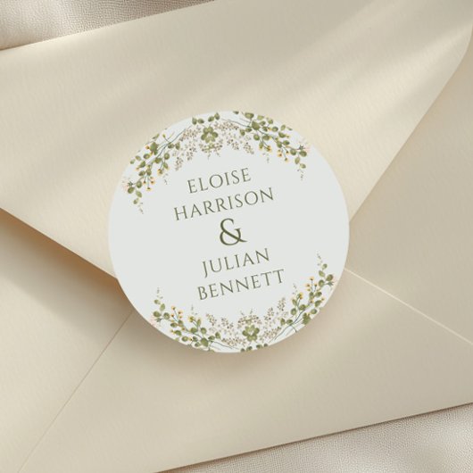 Grüne Elegante Wildblume Hochzeit Runder Aufkleber