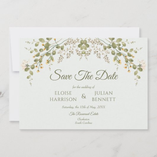 Grüne Elegante Wildblume Hochzeit speichern das Da (Vorderseite)