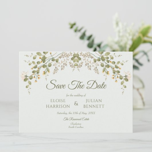 Grüne Elegante Wildblume Hochzeit speichern das Da (Stehend Vorderseite)