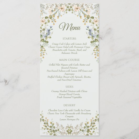 Grüne Elegante Wildblume Pastel Wedding Menükarte (Vorderseite)