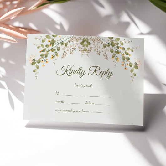 Grüne elegante Wildblume Pastel Wedding RSVP Card