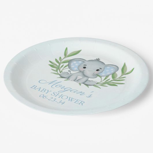 Grüne Elephant Blue Boy Baby Dusche Pappteller (Schrägansicht)