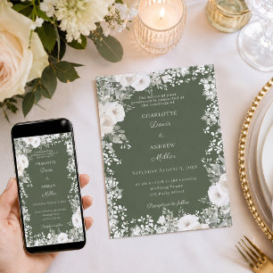 Grüne Elfenbein weiße Rosen Schnee Winterhochzeit Einladung