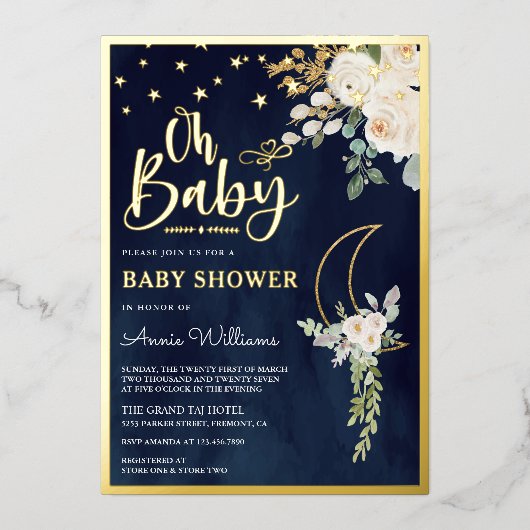 Grüne Elfenbeinblume Navy Baby Dusche Gold Folieneinladung (Vorderseite)