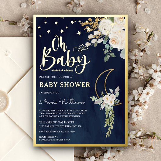 Grüne Elfenbeinblume Navy Baby Dusche Gold Folieneinladung