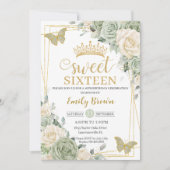 Grüne Elfenbeinblütenschmetterlinge Gold Sweet 16 Einladung (Vorderseite)