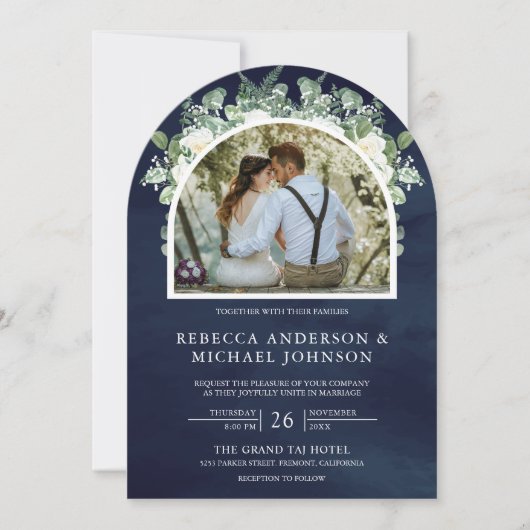Grüne Elfenbeinflora All in one Navy Arch Wedding Einladung (Vorderseite)