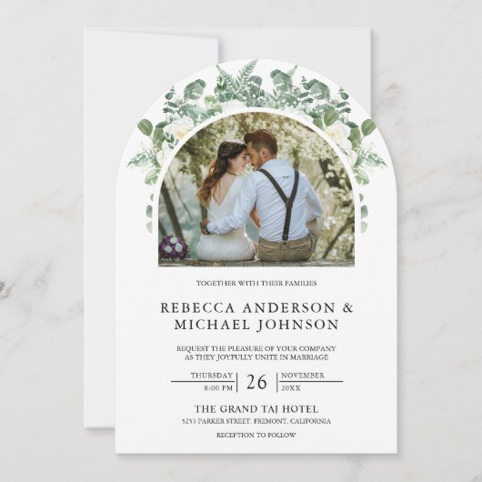 Grüne Elfenbeinflora Alles in einer Arch-Hochzeit Einladung (Vorderseite)