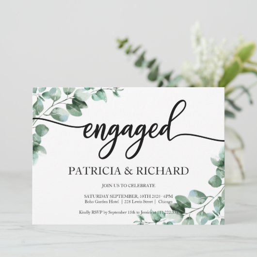 Grüne Engagement Party Einladung (Stehend Vorderseite)