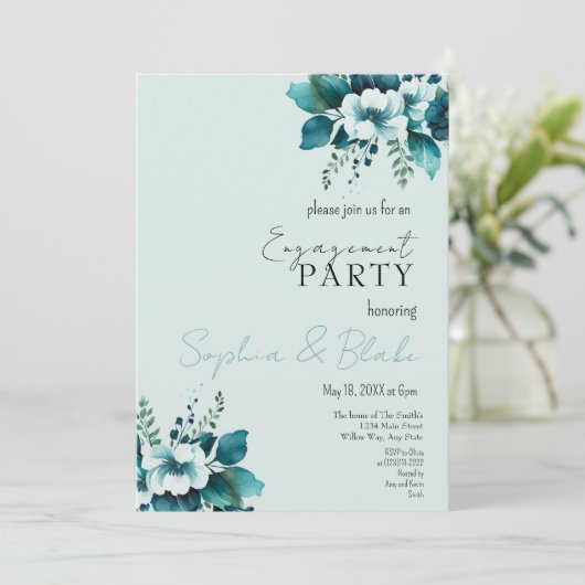 Grüne engagierte Partei für blaue und grüne Blumen Einladung (Stehend Vorderseite)