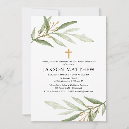 Grüne erste Blätter aus dem heiligen kommunion-grü Einladung (Vorderseite)