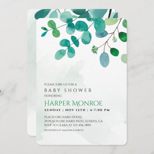 Grüne Eucalyptus Baby Dusche Einladung (Vorne/Hinten)