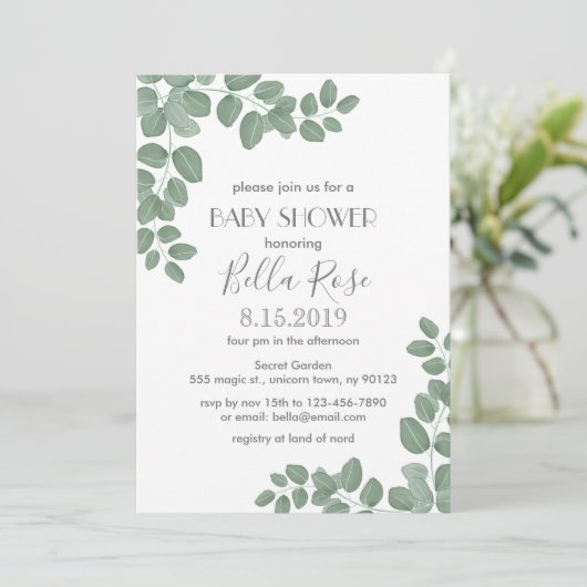 Grüne Eucalyptus Baby Dusche Einladung (Stehend Vorderseite)
