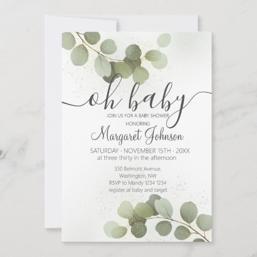 Grüne Eucalyptus Baby Dusche Einladung (Vorderseite)