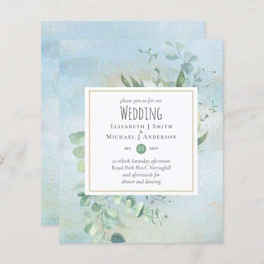 Grüne Eucalyptus Blue Wedding BUDGET lädt ein (Vorne/Hinten)