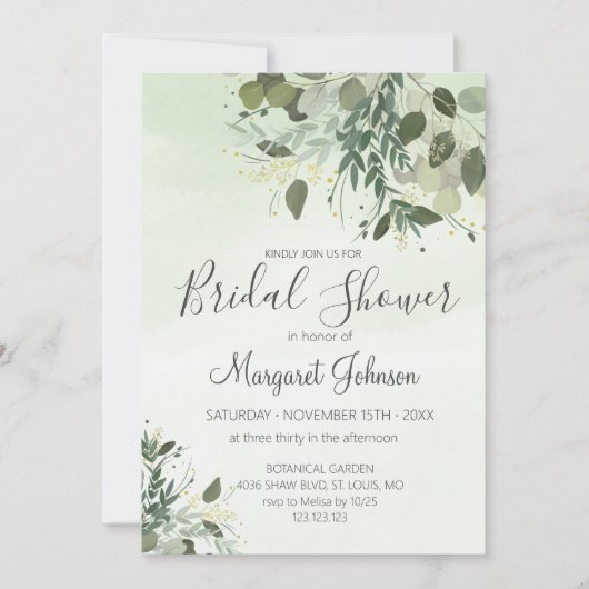 Grüne Eucalyptus Bridal Dusche Einladung (Vorderseite)