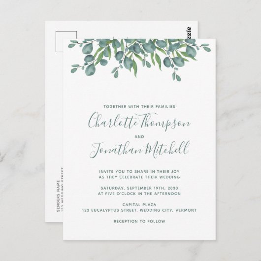 Grüne Eucalyptus Einladung zur Hochzeit Postkarte (Vorne/Hinten)