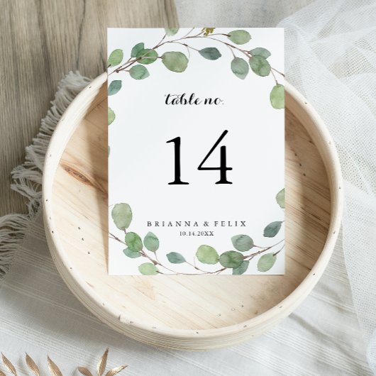 Grüne Eucalyptus Foliage Calligraphy Wedding Tischnummer