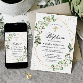 Grüne Eucalyptus Geometric Baptisse Christening Einladung