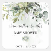 Grüne Eucalyptus Succulent Baby Shower Quadratischer Aufkleber (Vorderseite)