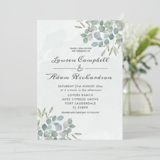 Grüne Eucalyptus Watercolor Einladung zur Hochzeit (Stehend Vorderseite)