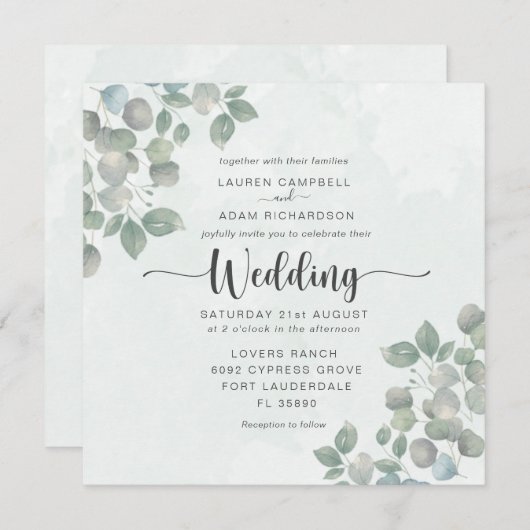Grüne Eucalyptus Watercolor Einladung zur Hochzeit (Vorne/Hinten)