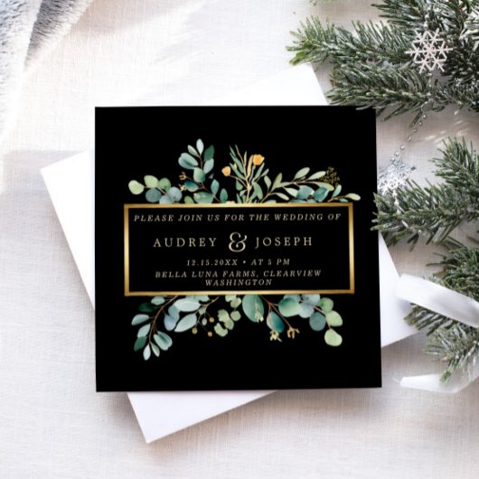 Grüne Eukalyptus auf schwarz | Weihnachtsfeier Einladung