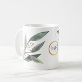 Grüne Eukalyptus-Blattblättermutter Monogramm Kaffeetasse (Vorderseite Links)