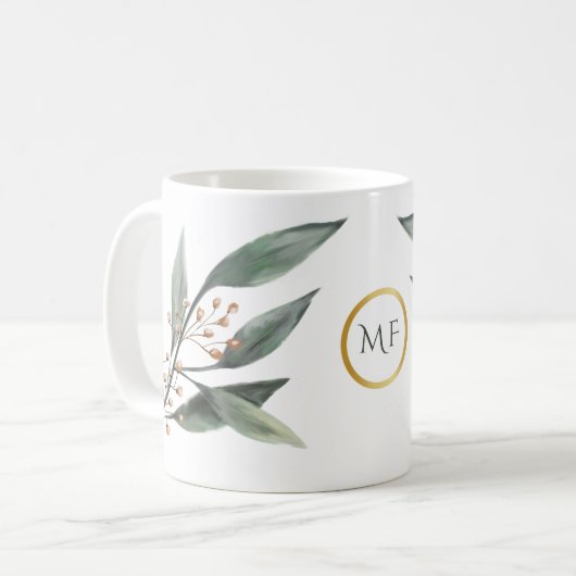Grüne Eukalyptus-Blattblättermutter Monogramm Kaffeetasse (Vorderseite Links)