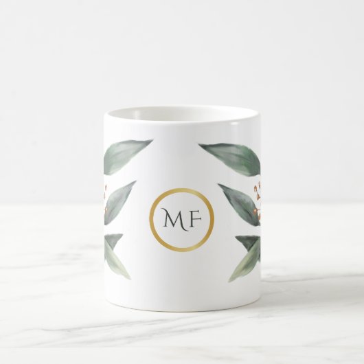 Grüne Eukalyptus-Blattblättermutter Monogramm Kaffeetasse (Mittel)