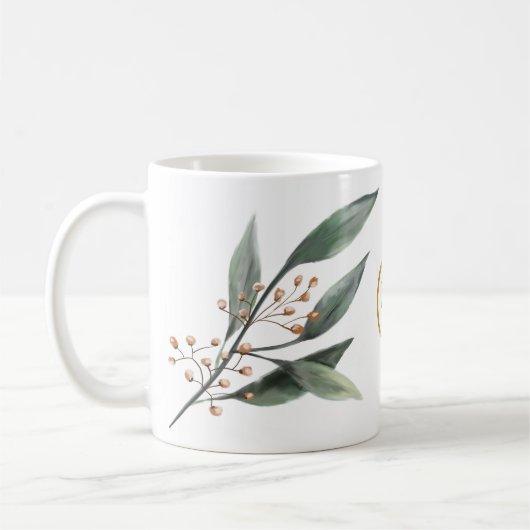 Grüne Eukalyptus-Blattblättermutter Monogramm Kaffeetasse (Links)